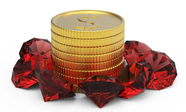 Monedas de oro y gemas de rubí — Foto de Stock