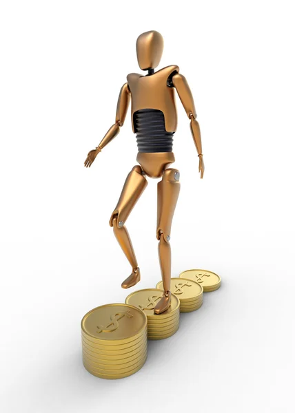 Roboter läuft auf Münzen — Stockfoto