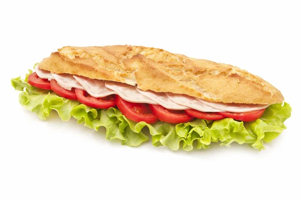 Sandwich of sausage with lettuce and tomato — Stock Photo, Image