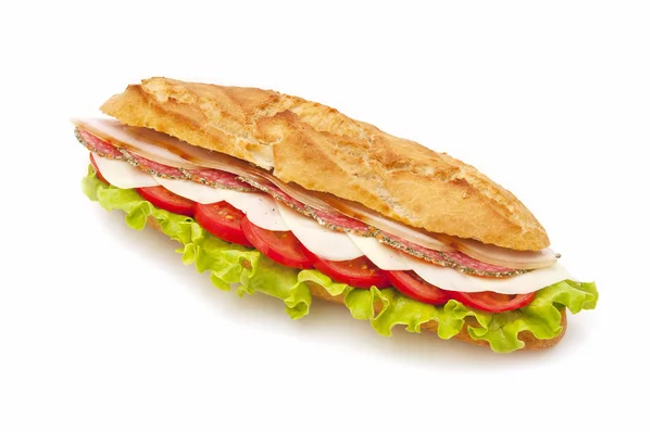 Sandwich of sausage with lettuce and tomato — Stock Photo, Image