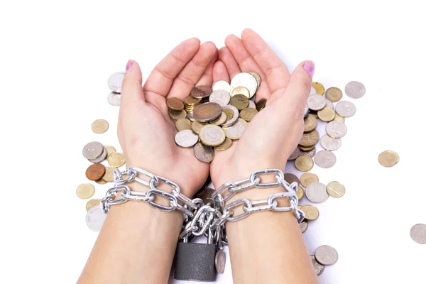 Hands chained to the bank the money saved — Stock Photo, Image