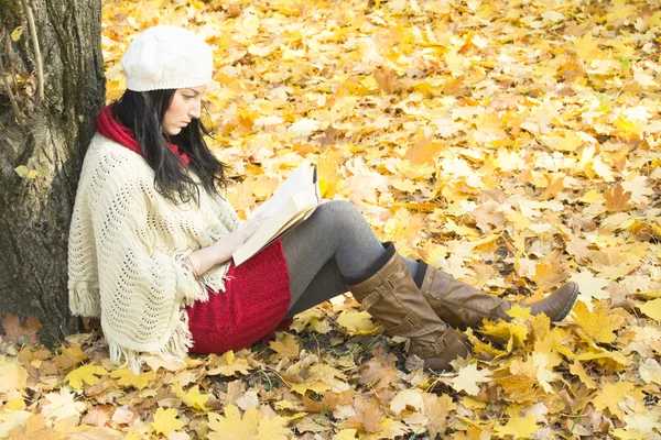 Kobieta czytać książkę w jesiennym parku — Zdjęcie stockowe