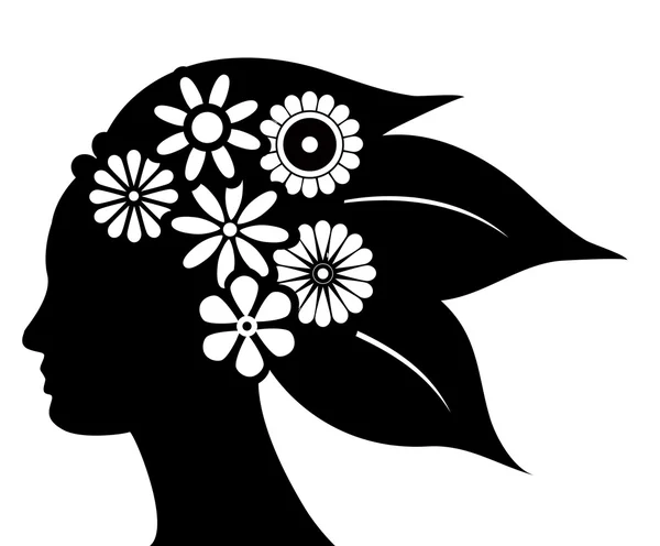 Silhouette de cheveux avec fleur et feuille — Image vectorielle
