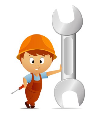 Cartoon handyman with huge big wrench clipart