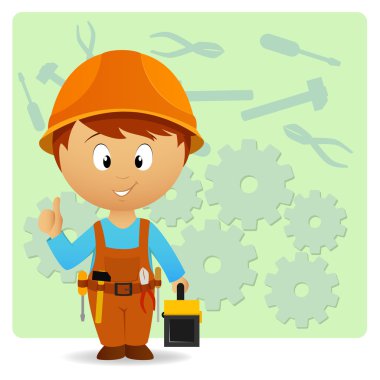 Cartoon handyman with tools on industry background clipart