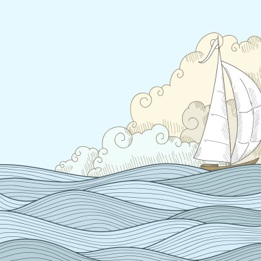 Retro hand draw styled sea sailor boat clipart