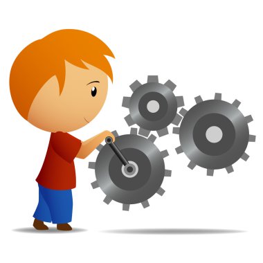 Boy rotate the lever of gear mechanism clipart