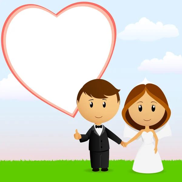 かわいい漫画の背景での結婚式のカップル — ストックベクタ