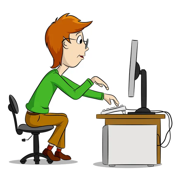 Cartoon grappige jongen en computer — Stockvector
