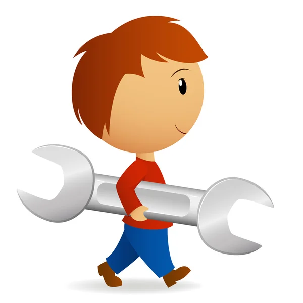 Cartoon boy carry big wrench spanner — Stock Vector