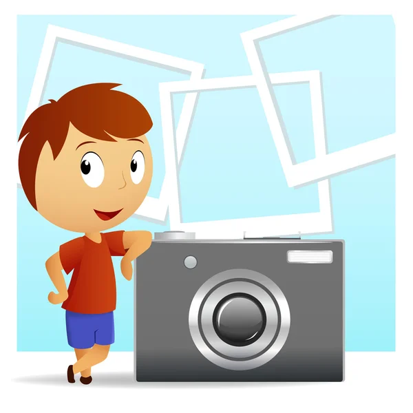 Μικρά ανθρωπάκια με μεγάλη φωτογραφική μηχανή και φωτογραφία φόντου — Διανυσματικό Αρχείο
