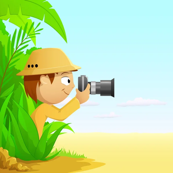 Fotógrafo caçador de desenhos animados na floresta tropical e deserto — Vetor de Stock