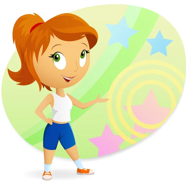 Deporte de fitness chica de dibujos animados con fondo abstracto — Vector de stock