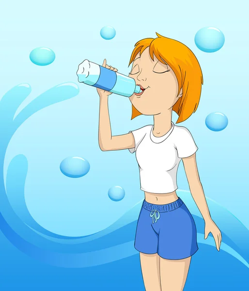 Menina bonita beber água no abstrato onda fundo —  Vetores de Stock