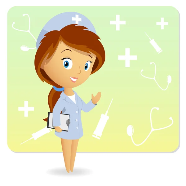 Infirmière féminine mignonne avec bloc-notes tablette sur fond — Image vectorielle
