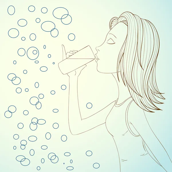 Mooi meisje drinkwater op abstract belletjes achtergrond — Stockvector