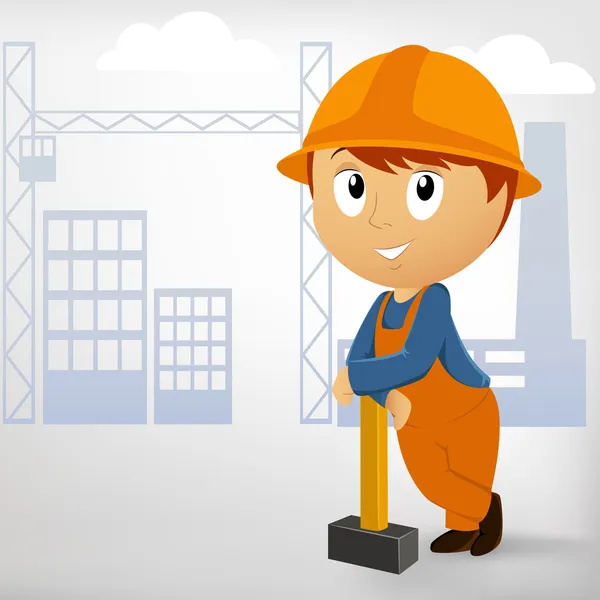 Constructor hombre con martillo en el fondo de la construcción — Vector de stock