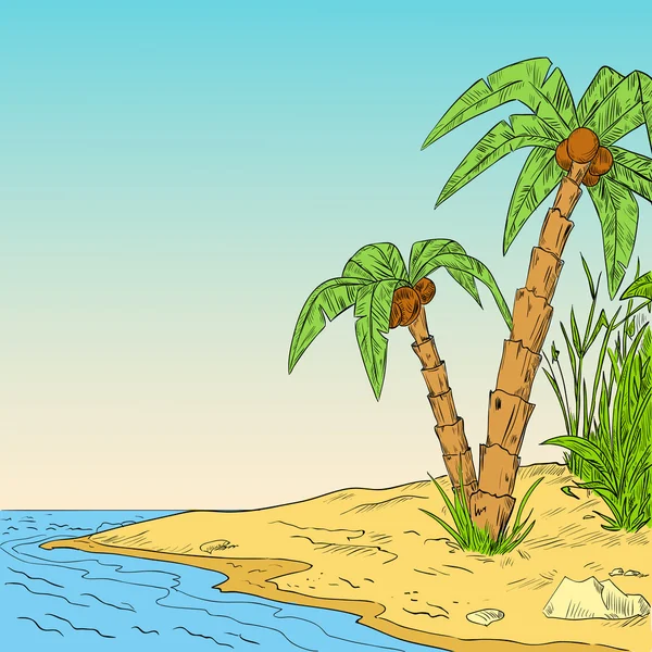 Kleur schets van tropische palm op kust van Oceaan — Stockvector