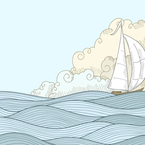 复古手画风格的海上水手船 — 图库矢量图片