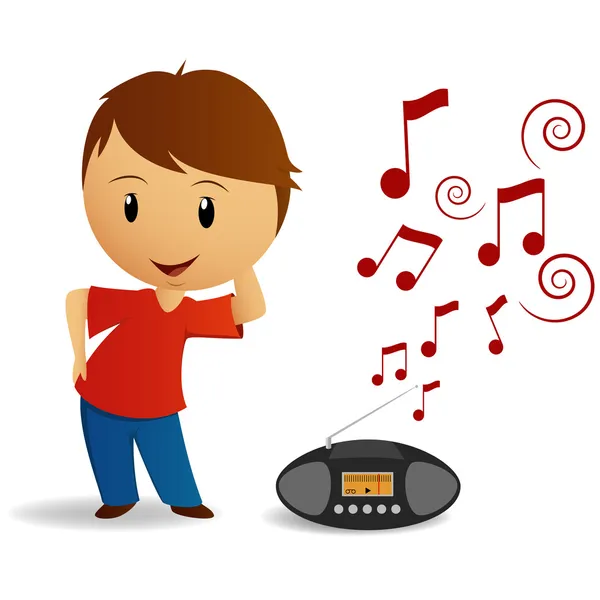 Cartone animato giovane ragazzo danza con registratore radio — Vettoriale Stock