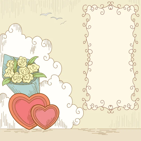 Corações abstratos com flores de buquê e banner —  Vetores de Stock