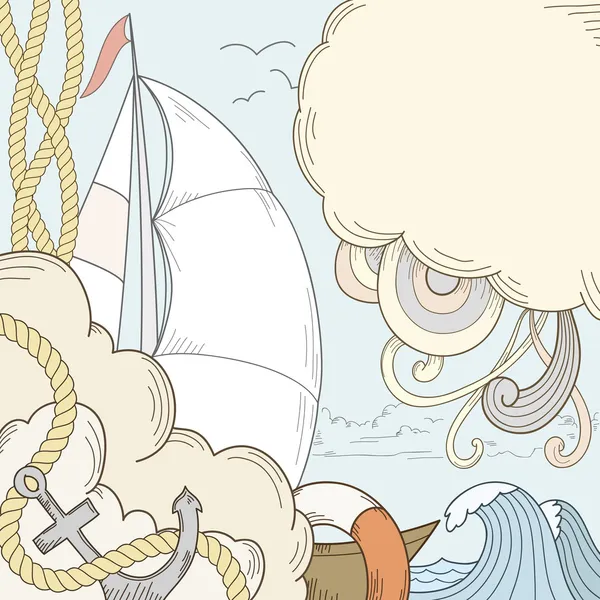 复古手画风格的海和水手的主题 — 图库矢量图片