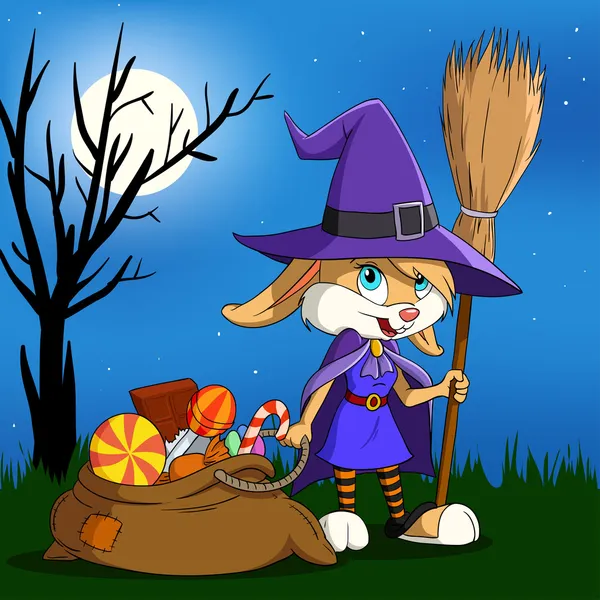 Cartoon halloween bunny girl with candy sack. — Stock Vector