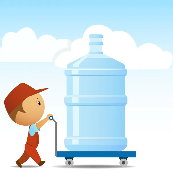 Pengiriman pria dengan botol besar air di latar belakang Stok Ilustrasi 