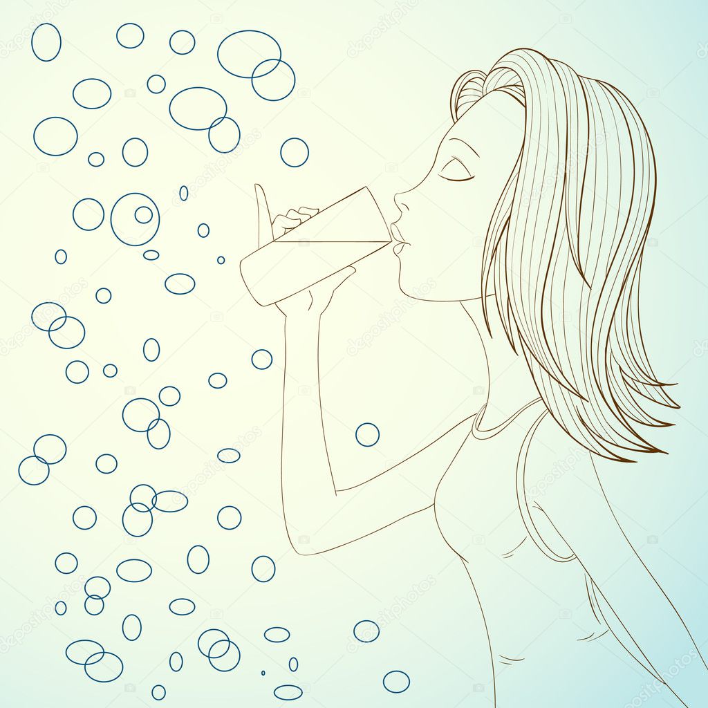 Beautiful girl drinking water on abstract bubbles background