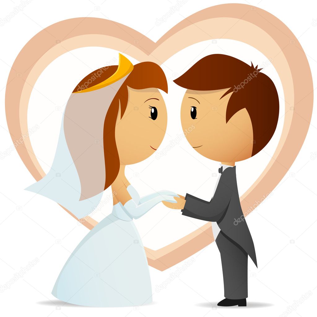 Cartoon bride and groom hold hand each other