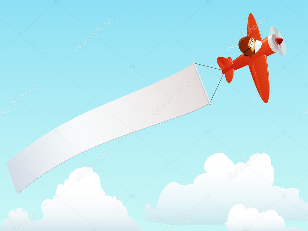 Red plane with advertising banner in sky