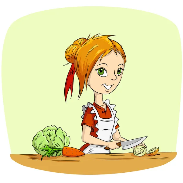 Νοικοκυρά γελοιογραφία, μαγείρεμα των λαχανικών — Διανυσματικό Αρχείο