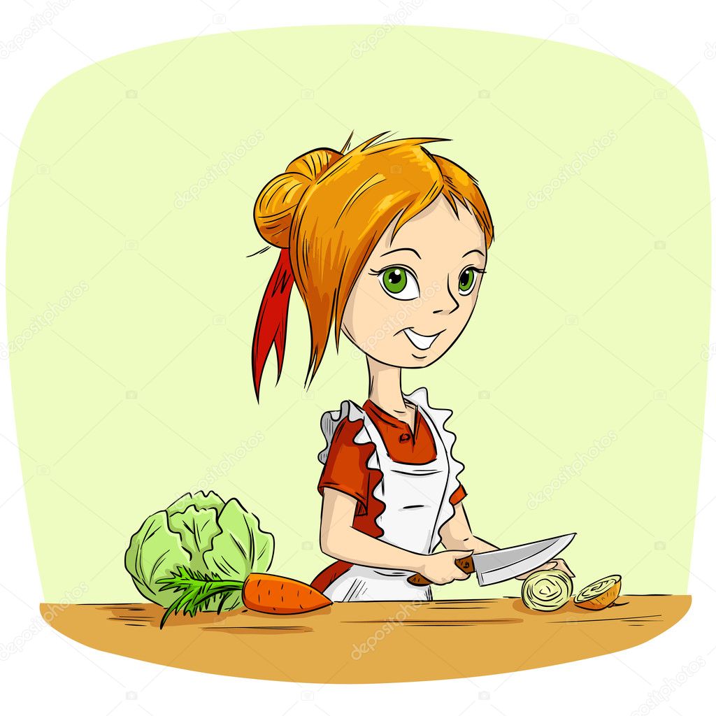 Cartoon housewife cooking vegetables