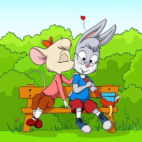 stock vector Little mouse kissing shy rabbit on bush background