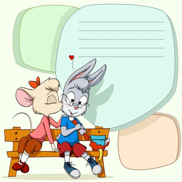 Little mouse kissing shy rabbit on text background — Stock Vector