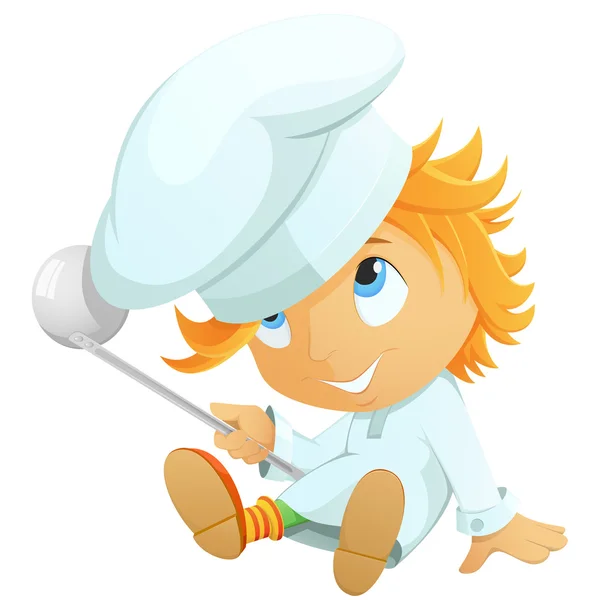 Cute little chef in hat isolated on white — Stock Vector