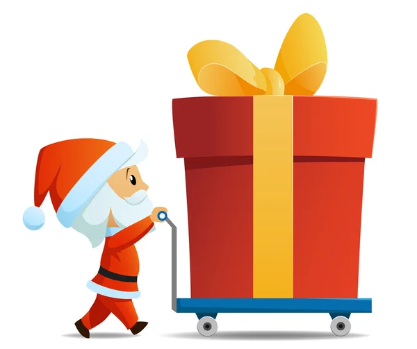 Servicio de los hombres de santa con carro y caja de regalo de Navidad grande — Vector de stock