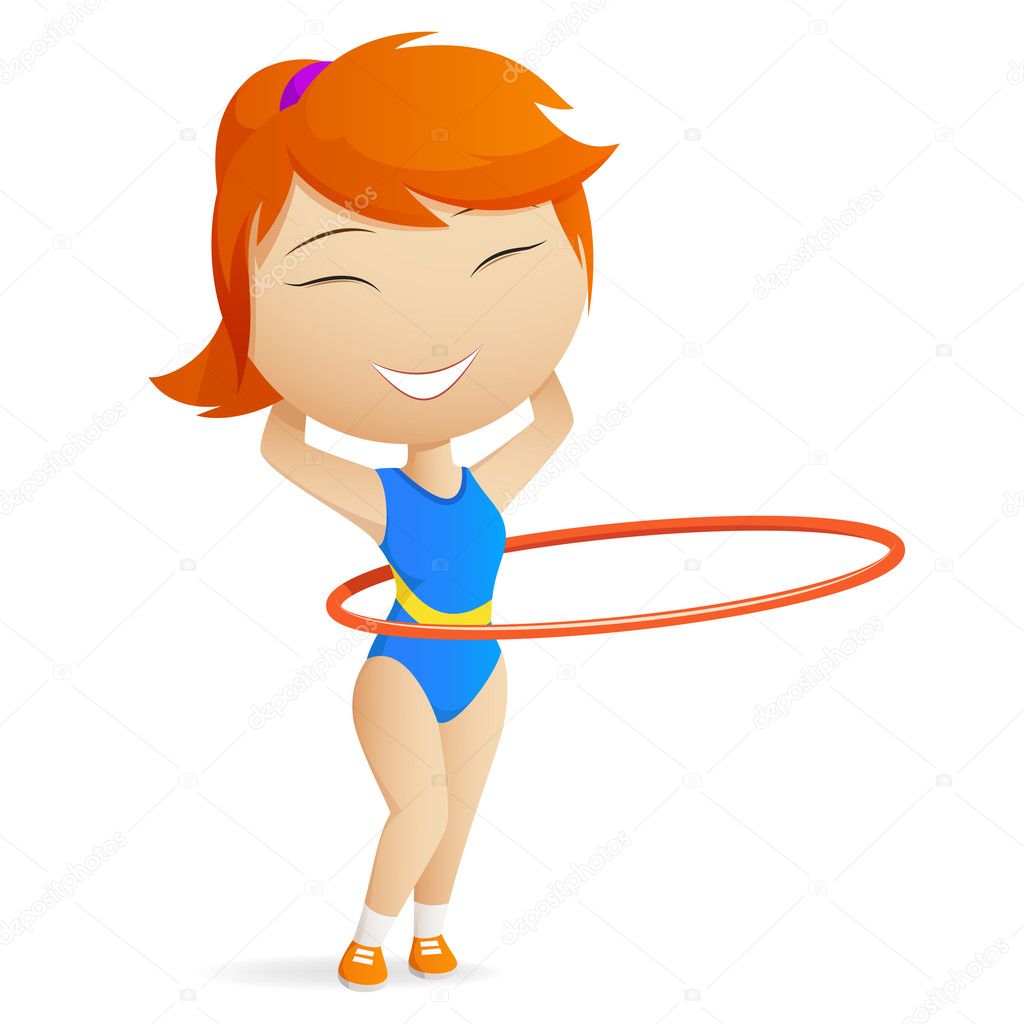 Girl gymnast with red hula-hoop.