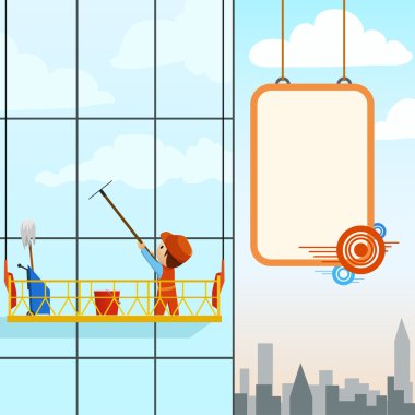 Man wash windows of high tower clipart