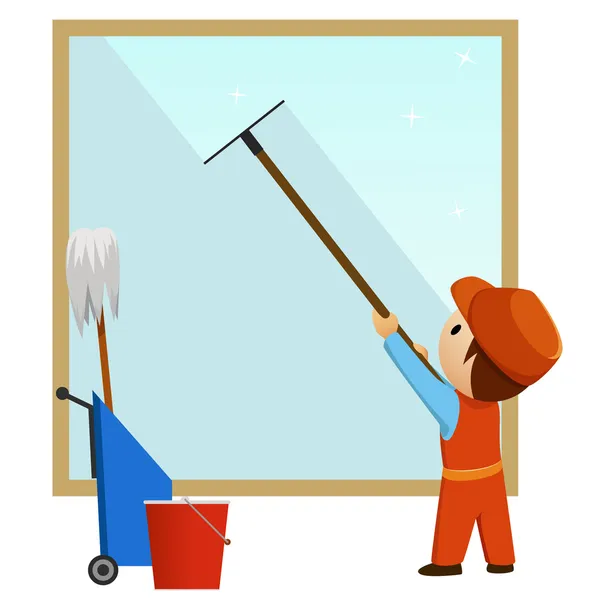 Hombre limpieza y lavado ventana — Vector de stock