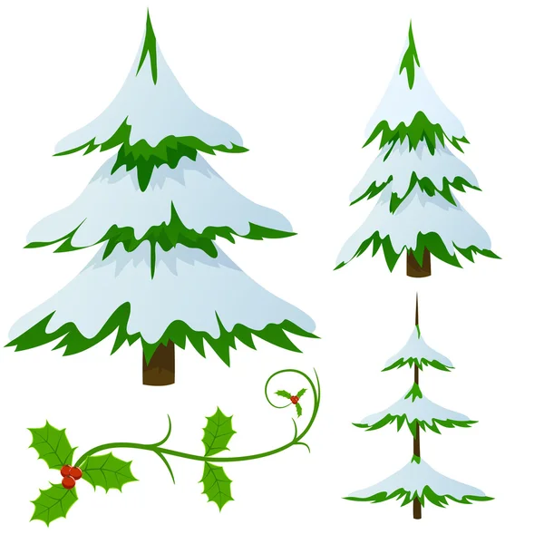 Conjunto de abeto coberto de neve árvores de Natal — Vetor de Stock
