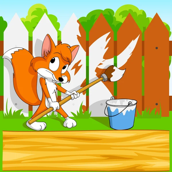 Little cartoon fox with paintbrush with background — Stock Vector