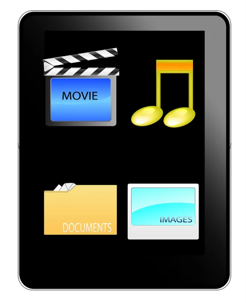 Black table pc with music, movie, documents and image icon — стоковый вектор