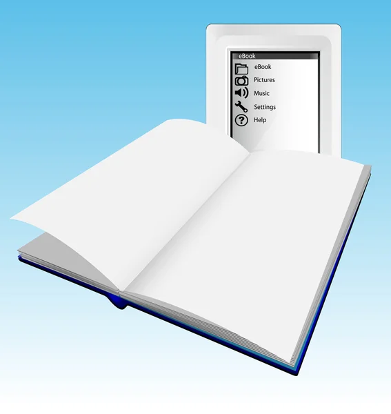 Ebook, ereader en papier boek — Stockvector