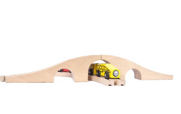 Wooden train set with bridge isolated on white — Stock Photo, Image