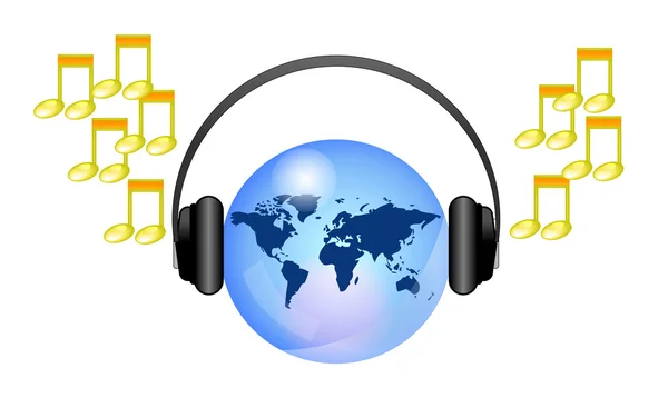 Jorden med hörlurar online musik — Stock vektor