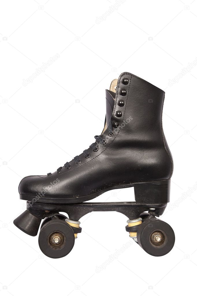 Black roller skate with high heel and little dirt isolated on white