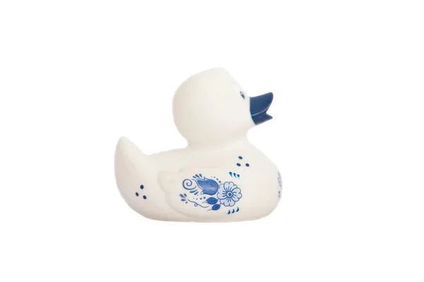 White duck with blue Dutch flowers, Delft style, isolated on white — Stock Photo, Image