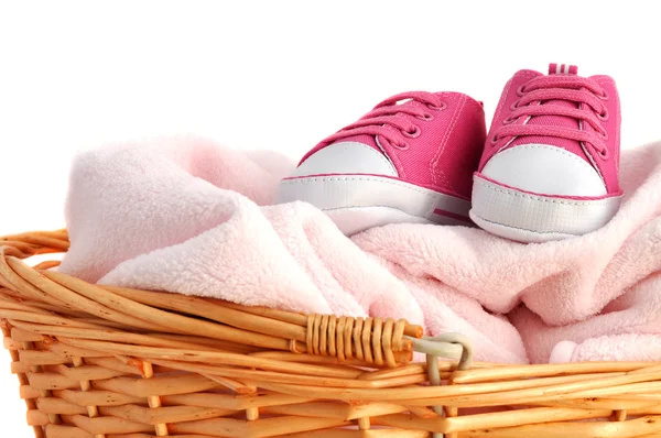 Pembe bebek battaniyesi ve patik — Stok fotoğraf