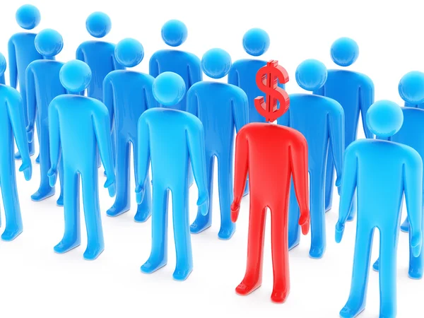 One dollar-shaped red figure between many blue — Stock Photo, Image